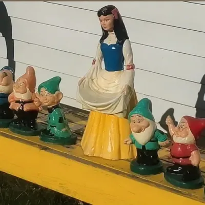 Vintage Mid Century Cement Snow White and Seven Dwarfs Garden Set Vibrant Paint - Potterville