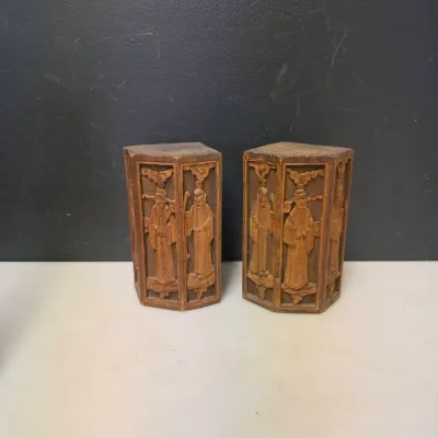Pair of Chinese Carved Wood Immortal Figure Corner Blocks