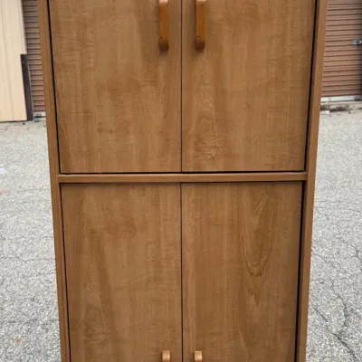 Tall Wooden Storage Cabinet: Two-Tier Double-Door Pantry Unit with Wood Finish