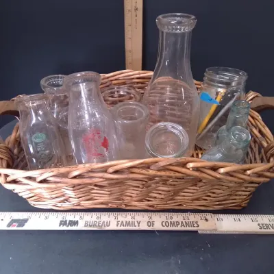 Hearth Basket of Vintage Dairy Bottles - Potterville