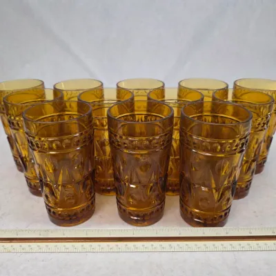 Vintage Set of 12 Amber Glass Tumblers in the Colony "Park Lane" Pattern made by Indiana Glass