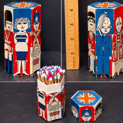 Vintage British Character Hexagonal Match Holder with Colorful Matches and Union Jack Lid - Potterville