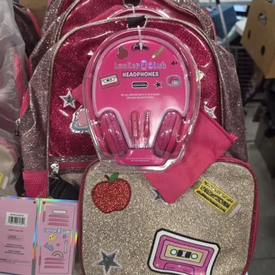 NEW Lot of 7 Locker Club Kids' 16 Liter Backpacks with Lunch Box and Headphones - Red/Gray