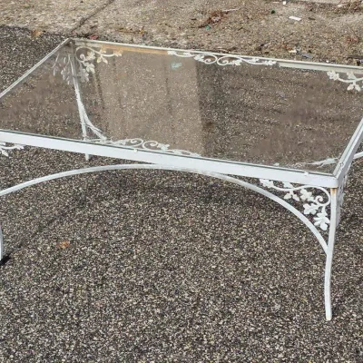 Vintage White Wrought Iron Glass-Top Patio Coffee Table - Floral Scroll Design