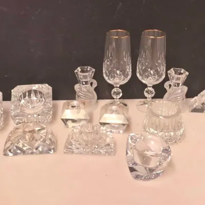 Mikasa and Nambe Crystal Candle Holders w/ Gold-Rim Flutes Group
