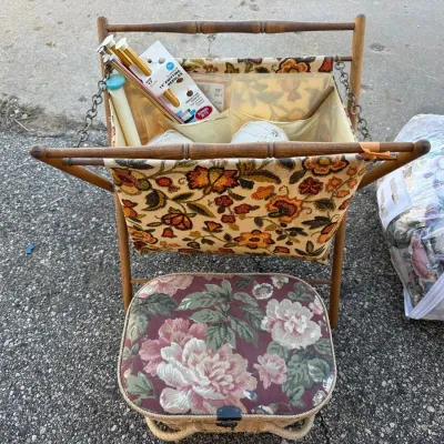 Vintage Floral Fabric Sewing Basket and Folding Wood Stand Caddy Lot with Knitting Supplies