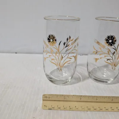 Vintage Set Of 4 David Douglass Gold Floral Print & Rimmed Drinking Glasses In Great Condition - Estate Sales Warehouse (GR)
