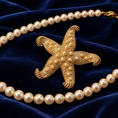 Vintage Ivory Faux Pearl Necklace & Ornate Gold-Tone Starfish Brooch - Coastal Elegance - Potterville