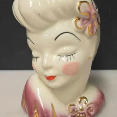 Vintage Ceramic Lady Head Vase Cream and Maroon with Gold Accents