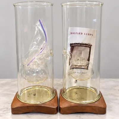 Wolfard Hand-Blown Glass Oil Lamps NOS Unused Pair with Wood/Brass Bases & Brochure - Potterville
