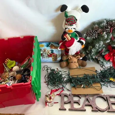 Christmas Holiday Decor Lot: Frosted Wreath, Plush Toys, Lights and PEACE Sign