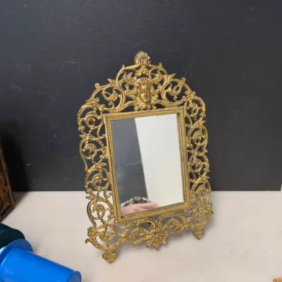 Victorian Gilt Cast Brass Figural Easel Mirror, 13 in Tall