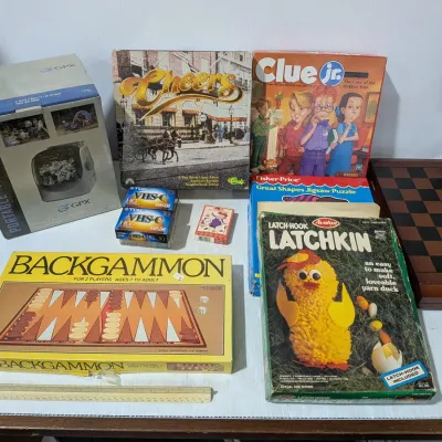 Vintage Games & Electronics Lot: Cheers Board Game, Mini TV, Backgammon Set, & More - Estate Sales Warehouse (GR)