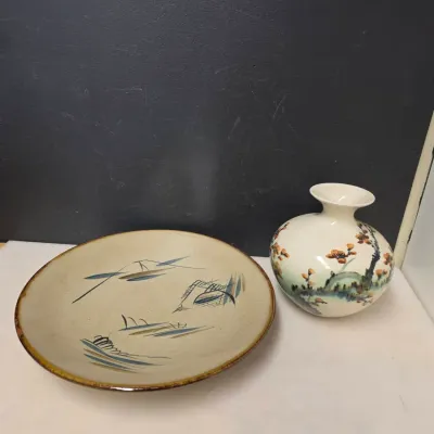 Pair of Asian-Style Pottery: 12" Sailboat Charger and Floral Vase