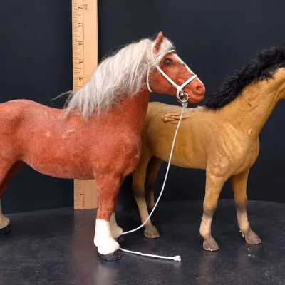 Vintage 1980s Flocked Clydesdale and Buckskin Horse Pair with Orig Halter and Lead - Potterville