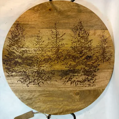 Large Mango Wood Tray with Handles, Lasered Tree Design, Handmade, Approx 20"