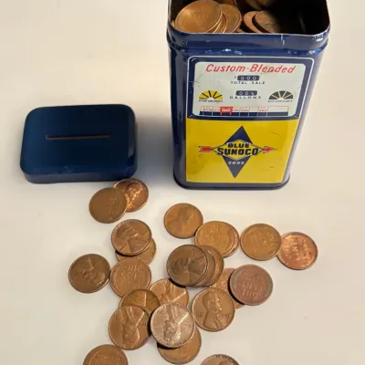 Vintage Sunoco Tin Bank Filled with Over 225 Older Wheat Cents