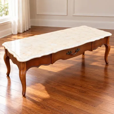 Vintage MCM Style Coffee Table with Drawer & Genuine Marble Top - Potterville