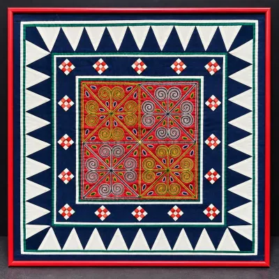 Vintage Hmong Style (Flower Cloth) Framed Textile Art with Colorful Embroidery and Geometric Applique - Potterville