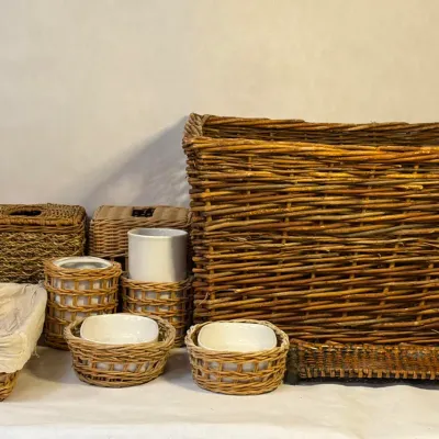 Bathroom Wicker and White Ceramic Decorative Collection - Soap Dishes, Tissue Holder