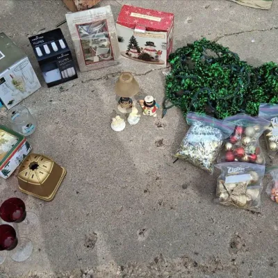 Sale Photo Thumbnail #46: Collection of Various Christmas Ornaments and Decorations w/ Sundae Glasses and Flutes