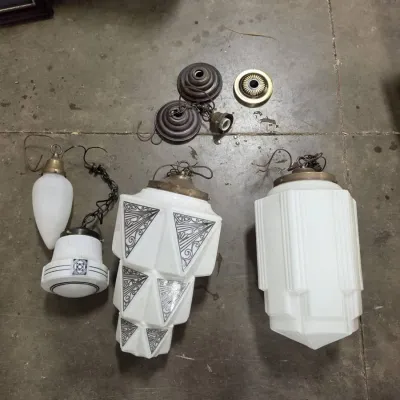 Three Art Deco Milk Glass Hanging Light Fixtures - Geometric Skyscraper Pendant Globes