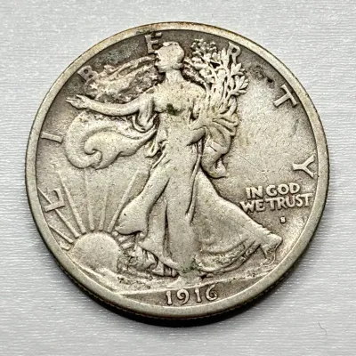 1916 S - Walking Liberty Silver Half Dollar - S on Obverse