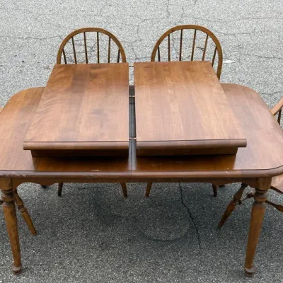 Wooden Extension Dining Table and Four Windsor Chairs Set with Extra Leaves