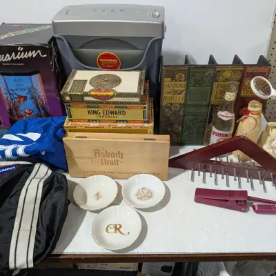 Misc. Office Decor Lot: Shredder, Vintage Glass Bottles, Desk Lights, File Organizer, Refer To Photo - Estate Sales Warehouse (GR)