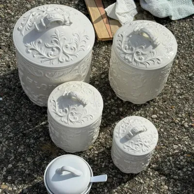 Vintage White Ceramic Relief Kitchen Canister Set
