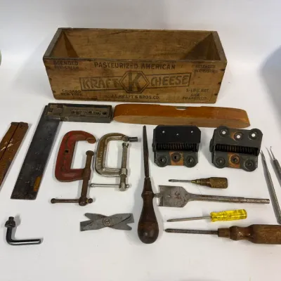 Vintage Kraft Cheese Wooden Box & Assorted Hand Tool Lot