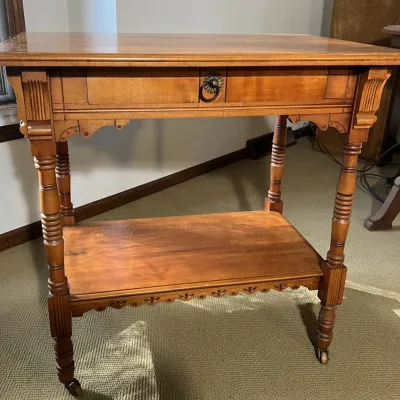 Antique Victorian / Eastlake-Style Occasional Table with Drawer, Lower Shelf and Casters