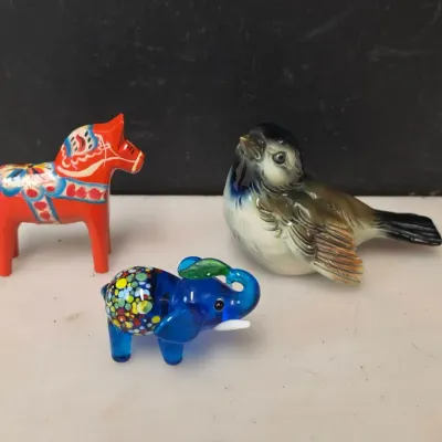 Vintage Murano Glass Elephant, Hand Carved Wooden Honkey, and Goebel Bird