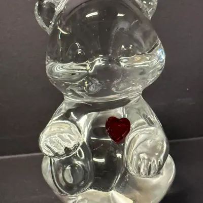 Fenton Clear Glass Teddy Bear Figurine with Red Heart Accent