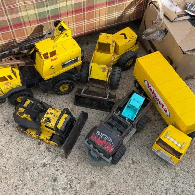 Vintage Tonka Pressed Steel Trucks: Mobile Crane, Loader, Bulldozer, Blaster and Ertl Velveeta Semi