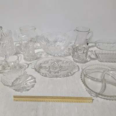 Vintage Homemaker Pressed Glassware: Apothecary Jar, Bowl, Pitchers, Plates, Serving Tray (2 Box) - Estate Sales Warehouse (GR)
