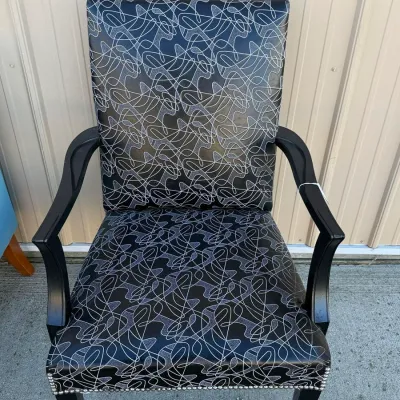 Custom Mid-Century Modern Style Armchair, Black and White Abstract Doodle Vinyl