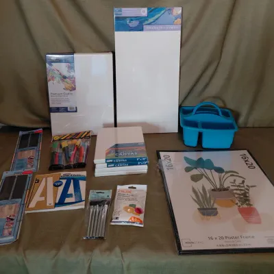 Arts and Crafts Collection - 7 Canvases of Various Sizes, 16" x 20" New Frame, Paint Brushes...