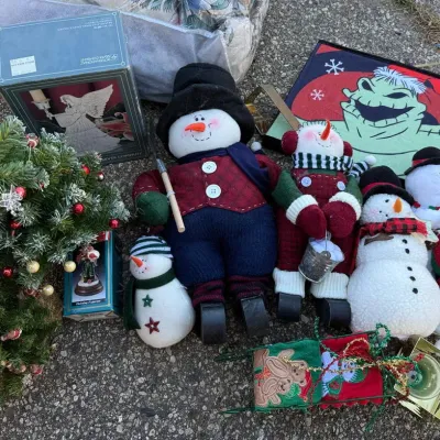 Christmas and Holiday Decor Lot, Plush Snowmen, International Silver Co. Angel, Faux Trees