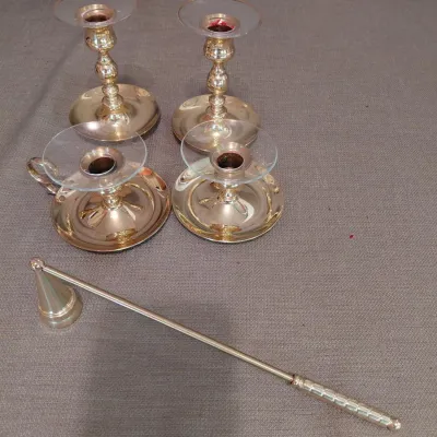 4 Baldwin Brass Heavy Candle Holders, Brass Candle Snuffer, Glass Wax Catchers