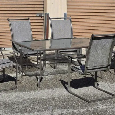 Glass-Top Patio Dining Set with 5 Chairs - Outdoor Dining Table and Sling Chairs