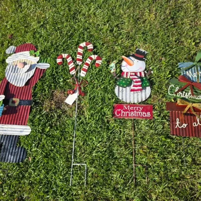 4 Metallic Christmas Themed Yard Stake Decorations