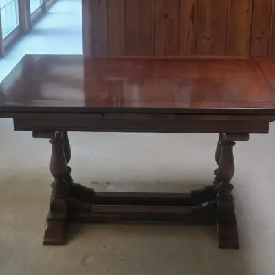 Beautiful Vintage Extendable Wood Dining Table with Trestle Base & Fold-Out Leaves
