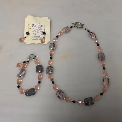 Rhodochrosite and 925 Sterling Necklace, Bracelet, and Earring Set