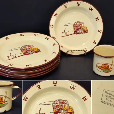 Monterrey Western Ware Set! Chuckwagon & Cattle Brand Motifs. Perfect 1950s Rustic Charm - Potterville