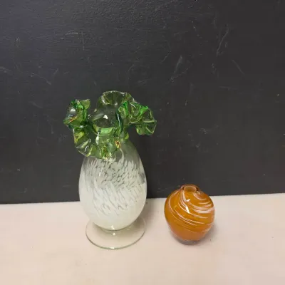 Pair of Art Glass Vases - Green Ruffled Rim and Amber Swirl