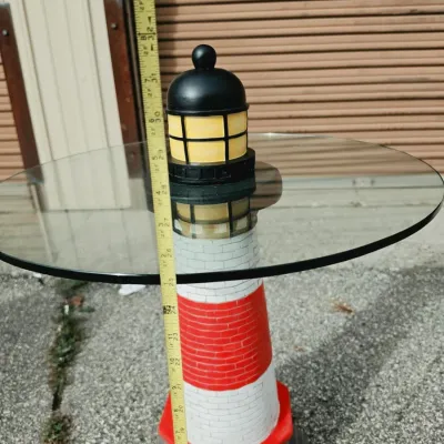 Lighthouse Accent Table with Round Glass Top & Red-and-White Pedestal Base