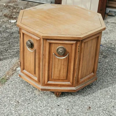 Octagonal Wood Cabinet End Table with Double Doors & Decorative Metal Hardware