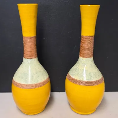 Pair of Mid-Century Yellow Glazed Ceramic Bottle Vases 18.5"