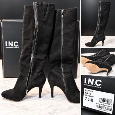 INC International Concepts Black Suede Knee High Stiletto Heel Side Zip Boots Size 7.5M - Potterville